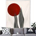 Detail showing Nordic Morandi wall tapestry hung over a sofa in a modern minimalist living room - 150x100(Peach Skin) / Red Sun and Plant Lines (6)