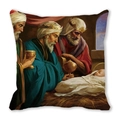 Detail of square pillowcase featuring vibrant religious Three Wise Men nativity art - Adoration of the Magi to the Baby Style (33)
