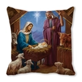 Detailed religious nativity scene illustration on square decorative pillowcase for Christmas - Nativity Scene with Stable Animals Style (28)