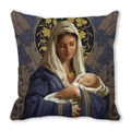 Close-up of peach skin fabric texture and religious oil painting print on pillow cover - Linen Texture Virgin and Child Print Style (27)