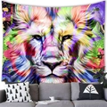 Detail of vibrant lion head tapestry hanging in a modern living room setting - 100x70(Peach Skin) / Abstract Lion (14)