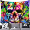 Vibrant abstract skull art tapestry with psychedelic colors hung over a modern sofa - 100x70(Short Plush) / Liquid Skull (8)