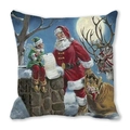 Christmas pillow cover with vintage Santa Claus and reindeer on a dark blue background - Elf with List and Reindeer (23) / 18x18 Inch