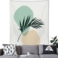 Morandi palm leaf wall tapestry with green and beige geometric shapes over a sofa - 150x100(Peach Skin) / Palm Leaf and Geometric (1)
