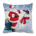 Detail of Christmas pillow cover featuring Santa Claus and snowman festive illustration - 18x18 Inch / Santa and Snowman