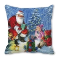 Detail of Christmas pillow featuring Santa Claus reading to children in a snowy forest - 45x45cm / Santa Telling Stories to Kids