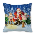 Close-up of a Christmas pillow featuring Santa and kids in a snowy forest scene - 18x18 Inch / Santa Interacting with Kids in Snow Forest