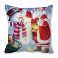 Detailed view of Christmas pillowcase featuring Santa Claus, snowman and gift bag illustrations - 18x18 Inch / Santa with Lantern and Snowman