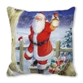 Detail of Christmas pillow cover showing Santa Claus with lantern and gift bag in snow - 18x18 Inch / Santa with Lantern in Forest