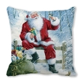 Close-up of peach skin texture on square Christmas pillowcase with Santa Claus print - 18x18 Inch / Santa and Birds with Gift Bag