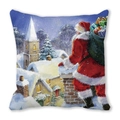Detail of Christmas pillow cover featuring Santa Claus by a chimney with a gift bag - 18x18 Inch / Santa by Chimney over Village (13)