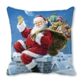 Close-up of Santa Claus illustration on a festive peach skin fabric Christmas cushion cover - 18x18 Inch / Santa Waving on Chimney (14)