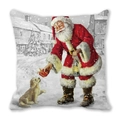 Christmas cushion cover featuring retro Santa Claus and puppy on a white background - Santa with Lantern and Puppy (25) / 18x18 Inch