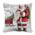 Christmas pillow with watercolor Santa Claus reading a scroll in snowy village scene - Santa Reading Long Scroll (26) / 18x18 Inch