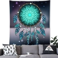 Detail of dreamcatcher tapestry with blue feathers hanging over a gray sofa - Teal Totem Halo (16)