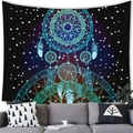 Detail of dreamcatcher tapestry hanging above a grey sofa in a cozy modern living room - Blue Green Galaxy Stars (15)