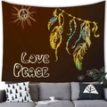 Detail of tropical bohemian tapestry with Love Peace text and dreamcatcher feathers - Love Peace Brown Tones (8)