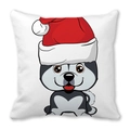 Weihnachts-Dekokissen mit Husky-Welpen und roter Nikolausmütze auf weißem Stoff - 45x45 cm / Husky Welpe Weihnachtsmütze Stil (7)