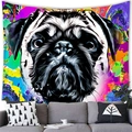 Colorful pop art Pug portrait tapestry hanging over a modern grey sofa in a living room - 100x70(Short Plush) / Pug Portrait (1)