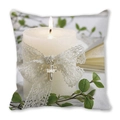Christmas peach skin pillow case featuring white candle with lace bow and cross - Religious Celebration Cross (17)