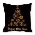 Close-up of black pillowcase featuring a golden snowflake Christmas tree and Happy New Year text - 45x45cm / Gold Powder Snowflake Triangle Christmas Tree (38)