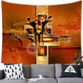 Detail of African woman abstract tapestry hanging above a grey sofa in a modern room - 100X70 / Cross Figure on Orange Red Background (Style 14)