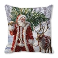 Square Christmas pillowcase featuring vintage Santa Claus and reindeer oil painting print - Santa Walking with Tree and Reindeer (30) / 18x18 Inch