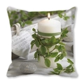 Peach skin square pillowcase with lit candle, green leaves, and love heart pattern - Minimalist 'Love' Theme (18)
