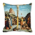 Square peach skin pillow featuring classic religious oil painting of the Crucifixion - Crucifixion Oil Painting Scene Style (9)