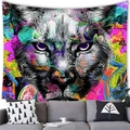 Vibrant graffiti cat tapestry with neon colors hanging above a gray sofa in a modern room - 100x70(Short Plush) / Abstract Feline (3)