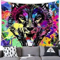 Artistic wall tapestry with a vibrant abstract colorful wolf head design - 100x70(Short Plush) / Wolf Head Style (5)