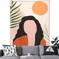 Nordic minimalist woman portrait tapestry with orange sun and green leaves for home wall decor - 13 / 100x70(Peach Skin)