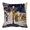 Merry Christmas square throw pillow cover featuring religious Jesus art on peach skin fabric - Crucified Jesus with Angels Style (12)