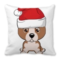 Weihnachtskissen mit süßem Hund in roter Weihnachtsmütze auf weichem weißem Stoff - 45x45 cm / Cartoon Braun Weißer Hund Große Augen Weihnachtsmütze Stil (13)