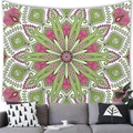 Bohemian mandala wall tapestry with green and pink radial pattern above a grey sofa - Style 11 (Grass Green/Light Pink/Cream)