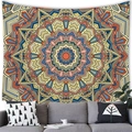 Mandala wall tapestry with geometric patterns in blue and yellow above a sofa - Mandala Style 13 (13)