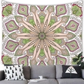 Detailed scene of a geometric mandala tapestry in pink and green hanging above a sofa - Style 9 (Grass Green/Coral Orange/Beige)
