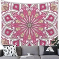 Detailed texture of pink mandala tapestry hanging on a wall above a grey sofa with pillows - Style 8 (Deep Pink/Light Pink/Beige)