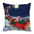 Christmas pillow cover with Santa Claus and reindeer sleigh flying over a snowy village - 45x45cm / Santa Sleigh with Reindeer Flying