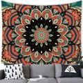 Exotic geometric mandala tapestry with cyan and orange patterns above a modern grey sofa - 100x70(Peach Skin) / Style 13