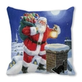 Christmas cushion cover featuring Santa Claus with gift bag by a chimney in snow - 45x45cm / Santa with Lantern