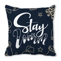 Dark blue square pillow cover with Stay Warm print and golden winter patterns - 18x18 Inch / Dark Blue Stay Warm Style (16)