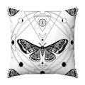 Detail of occult butterfly and geometric mystic patterns on a white plush cushion cover - Black White Mystic Geometric Moth Style (29)