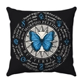 Detail of blue Morpho butterfly print and vintage occult symbols on black cushion cover - Morpho Peleides Occult Black Base (28)