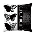 Close-up of square cushion cover with black butterfly tattoo prints and typography - Black White Tattoo Style Butterfly (36)
