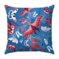 Detailed close-up of butterfly art print on square plush velvet cushion cover fabric - Blue Base Artistic Red Butterfly Style (33)