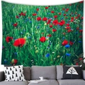 Détail de la tapisserie champ de coquelicots avec plis souples accrochée au mur - 100cmx70cm / Mer de Fleurs Sauvages Vibrantes (14)