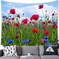 Mohnblumenfeld-Wandteppich mit blauen Blumen über einem grauen Sofa im modernen Zimmer - 100cmx70cm / Roter Mohn und Blaue Kornblume (12)