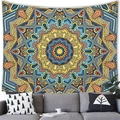 Bohemian mandala wall tapestry with blue and red geometric radial pattern over a sofa - Style 13