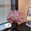 Pink sequin crossbody cloud bag for women with metallic pleated closure and slim strap - Pink